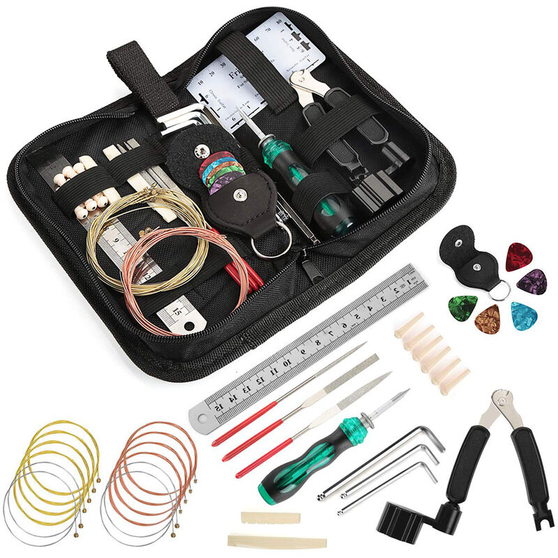 

W006 Kit de reparacion de guitarra Kit de cuidado de guitarra Juego de herramientas de mantenimiento Accesorios de limpieza, Negro