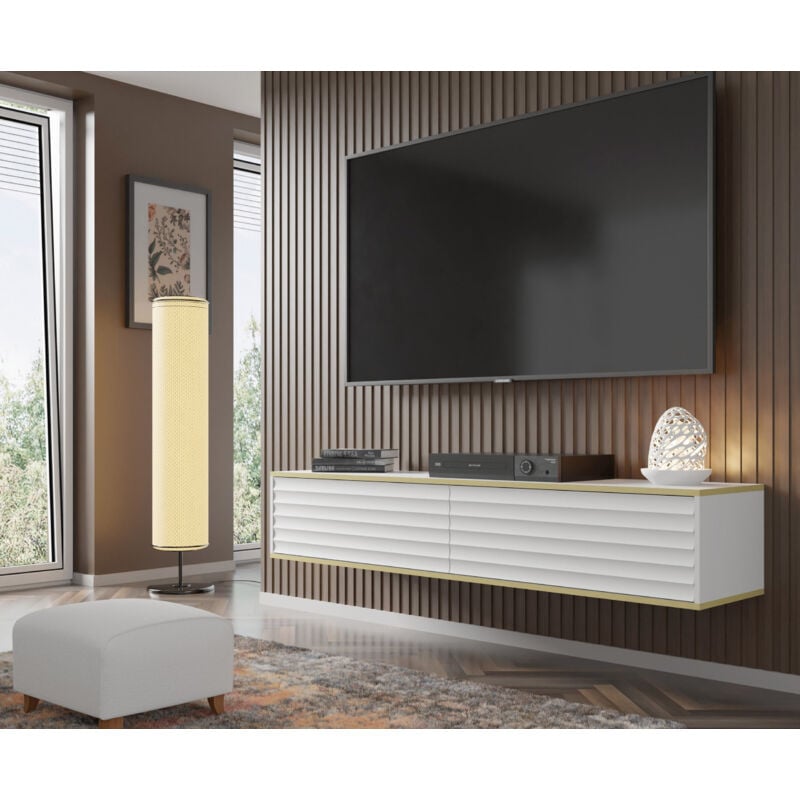 Bim Furniture - wabi meuble tv mural 180x40x33h cm blanc mat avec bord doré