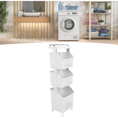 Wäschekorb mit Rollen aus PP und ABS – Wäscheorganizer mit 4 Rollen und 3 Ebenen für Wäsche, Küche oder Badezimmer (34 cm x 29 cm, 18-teilig)