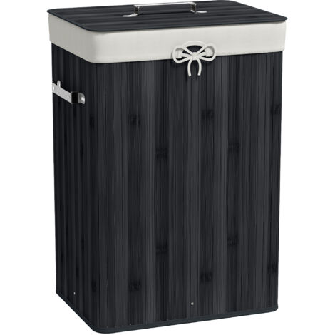 Wäschekorb, Wäschebox, Wäschesammler mit Deckel, Segeltuchsack, Bambus, faltbar, 72L, Schwarz 40 x 30 x 60 cm