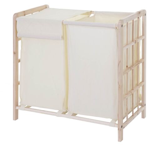 Wäschesammler HHG-582, Laundry Wäschebox Wäschekorb, Massiv-Holz 2 Fächer 60x60x33cm 68l hellbraun, Bezug creme