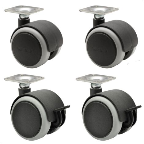 WAGNER Ruote per mobili Set da 4 ruote doppie - SOFT - diametro Ø 50 mm, battistrada morbido, piastra avvitata 42 x 42 cm, 2 con freni, portata 50 kg/ruota - 02172888