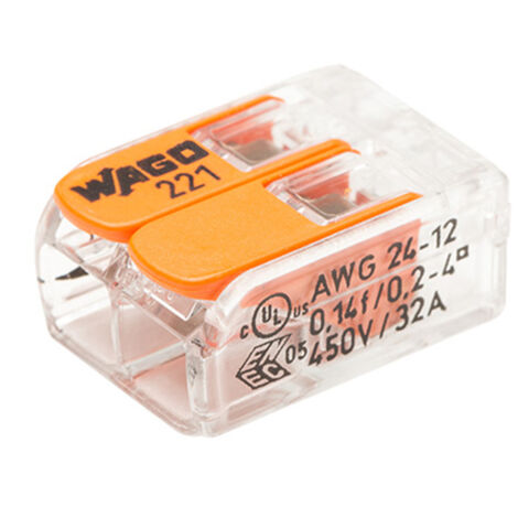 Wago – Borne de connexion automatique 2 entrées – CAGE CLAMP® pour fils souples et rigides – Tension 405V – Courant 32A – Pack de 100 unités