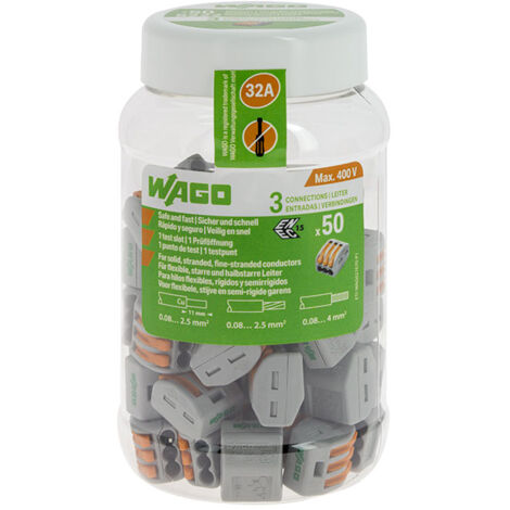 Wago – Borne de connexion automatique 3 entrées 50A – Raccordement sans outil pour fils 0.08mm² à 4mm² – 5 points de serrage