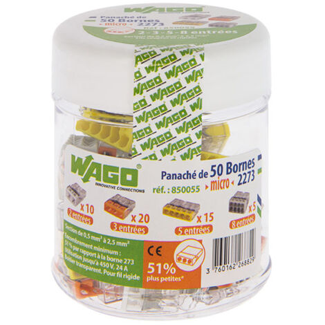 Wago – Borne de connexion automatique 50 entrées PUSH WIRE® – 400V 24A – Raccordement 1 à 2.5 mm² – Boîtier transparent pour contrôle visuel