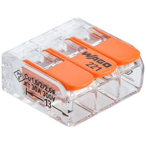 Wago – Borne de connexion rapide 3 entrées pour fils souples et rigides 0,5 à 6 mm² – CAGE CLAMP® – 3 points de test – Dimensions 22,9 x 10,1 x 21,1 mm