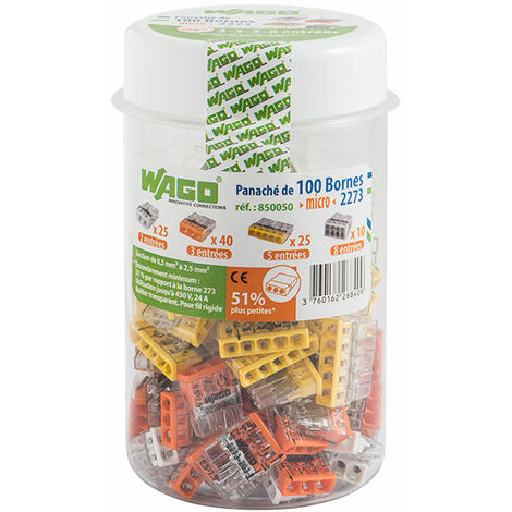 Wago – Flacon de 100 mini bornes de connexion automatique 2, 3, 5 et 8 fils – PUSH WIRE® 450V 24A – Connexion rapide et sécurisée - S2273