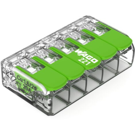 WAGO Green Range 221-423 - Morsetto a 5 conduttori, fino a 4 mm², morsetti di collegamento a 5 poli con leva, per tutti i tipi di conduttori, 8 pezzi