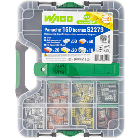 Wago – Malette de 150 bornes de connexion S2273 – 2, 3, 4, 5 et 8 entrées – Conducteurs rigides 0,5 à 2,5 mm² – PUSH WIRE® pour connexion directe