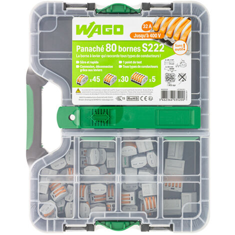 Wago – Malette de 80 bornes de connexion S222 2, 3 et 5 entrées pour fils souples jusqu'à 4 mm² – CAGE CLAMP® – 400V 32A