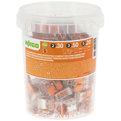 Wago – Pot de 100 bornes de connexion automatique 2,3 et 5 entrées – CAGE CLAMP® – Raccordement 0.14 à 4 mm² – 32A 405V