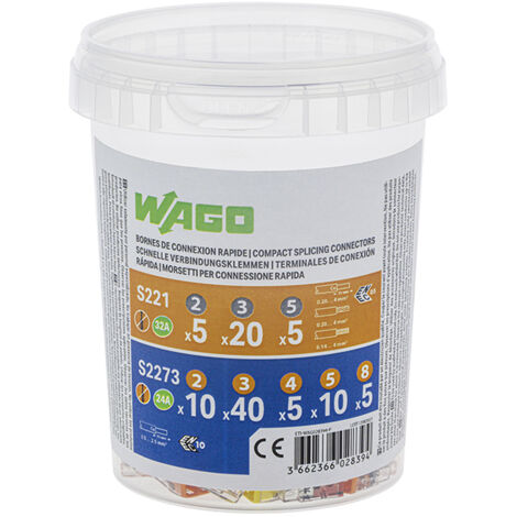 Wago – Pot de 100 bornes de connexion automatique S221 et S2273 – CAGE CLAMP® et PUSH WIRE® – Tension 400V, courant 32A/24A