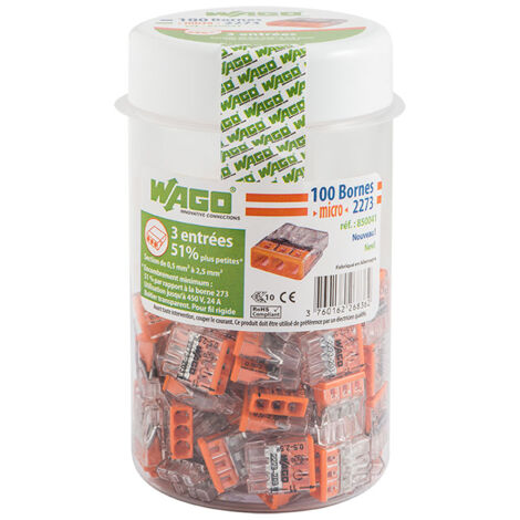 Wago – Pot de 100 mini bornes de connexion automatique 3 fils – PUSH WIRE® – 450V 24A – Pour câbles 0.5 à 2.5 mm² – Boîtier transparent - S2273