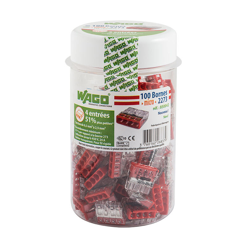 Wago - Pot de 100 mini bornes de connexion automatique 4 entrées S2273