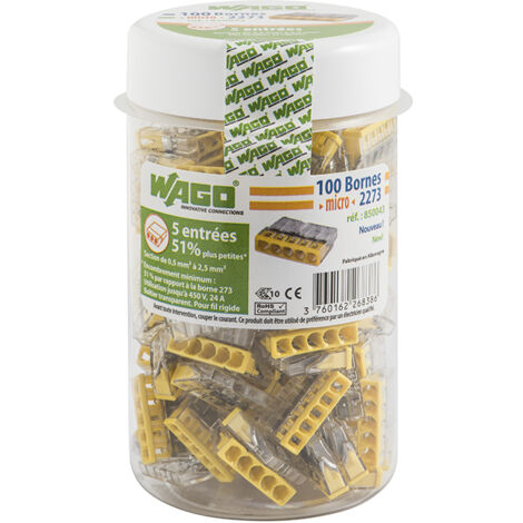 Wago – Pot de 100 mini bornes de connexion automatique 5 entrées – PUSH WIRE® 450V 24A – Raccordement 0.5 à 2.5 mm² – Boîtier transparent - S2273