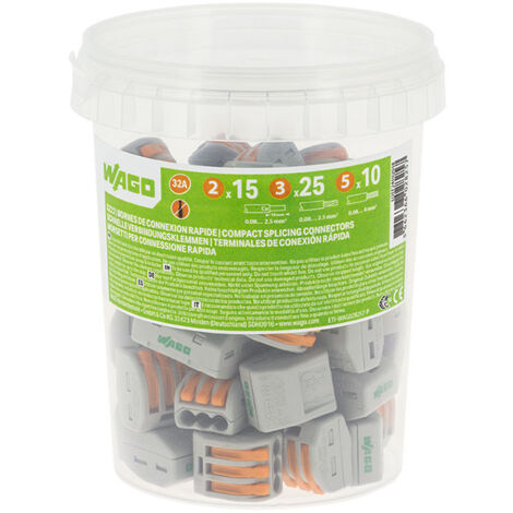 Wago – Pot de 50 bornes de connexion automatique 2,3 et 5 entrées – Système sans outil – Capacité 32A – Compatible fils 0.08mm² à 4mm²