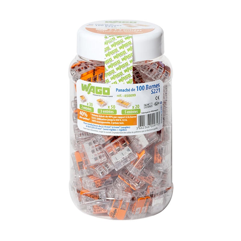 Pot panaché de 100 bornes de connexion automatique 2, 3 et 5 entrées S221 - WAGO