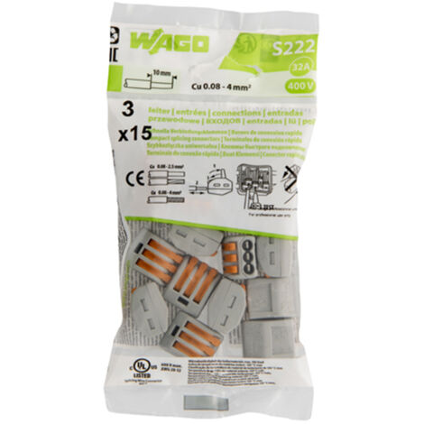 Wago – Sachet de 15 bornes de connexion automatique 3 entrées – Pour fils rigides et semi-rigides 0,08 à 2,5 mm² – Connexion sans outil
