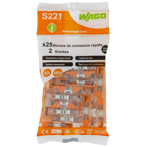 Wago – Sachet de 25 bornes 2 entrées en ligne – CAGE CLAMP® – Courant 32A – Tension 405V – Raccordement 0.14 à 2,5 mm²
