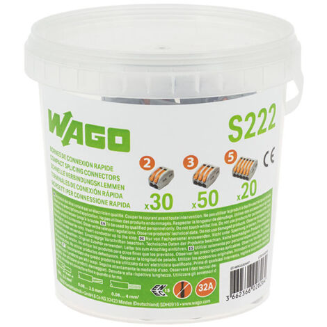 Wago – Seau de 100 bornes de connexion automatique 2,3 et 5 entrées – Raccordement 0.08 à 4mm² – Capacité 32A – Installation sans outil