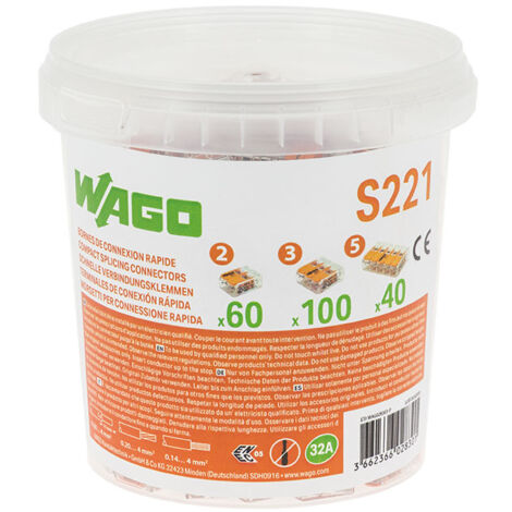 Wago – Seau de 200 bornes de connexion automatique 2,3 et 5 entrées – CAGE CLAMP® – Tension 405V – Courant 32A – Raccordement 0.14 à 4 mm²