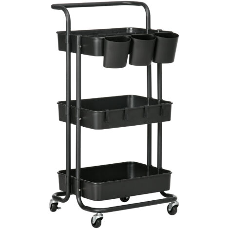 Wagon auxiliaire avec roues Wagon de rangement multifonctionnel avec crochets et boîtes suspendues 42x38x86,5 cm Noir