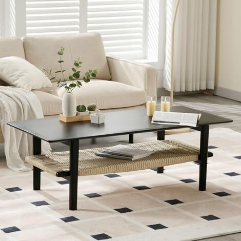 Wahson Coffee Table Wood Storage Side Table Modern Rustic Rectangular Tea Table for Home Living Room Office, Black