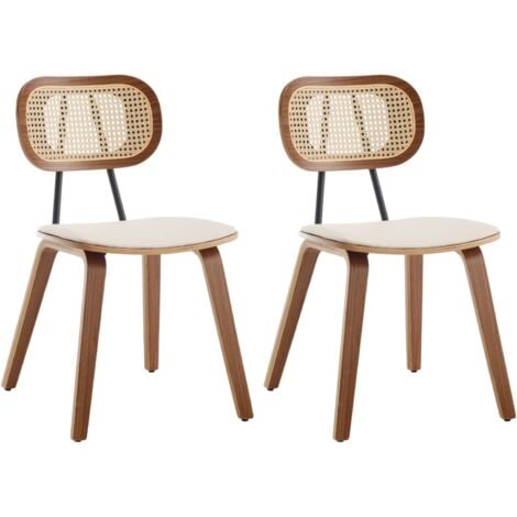 WAHSON OFFICE CHAIRS WAHSON Esszimmerstühle 2er Set Küchenstühle PU Leder mit Rattan Rückenlehne Akzentstühle aus Holz für Esszimmer, Beige