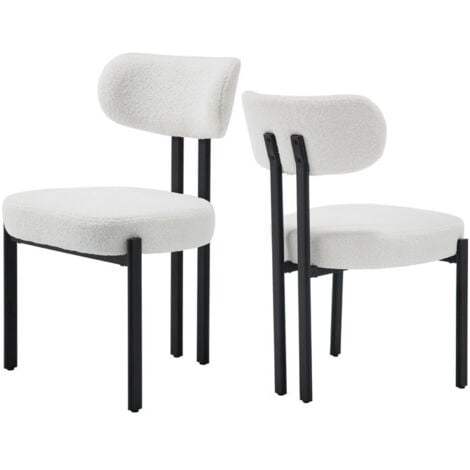 WAHSON OFFICE CHAIRS 2er Set Teddystoff Küchenstuhl mit schwarzen Metallbeinen, Polsterstühle für Esszimmer,Weiß