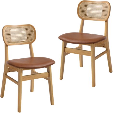 Wahson Lot de 2 Chaises en Cuir PU, Chaises Salle à Manger en Bois Chaise Rotin Chaise de Cuisine Confortable Pour Cuisine/Restaurant,Cuir PU, Marron