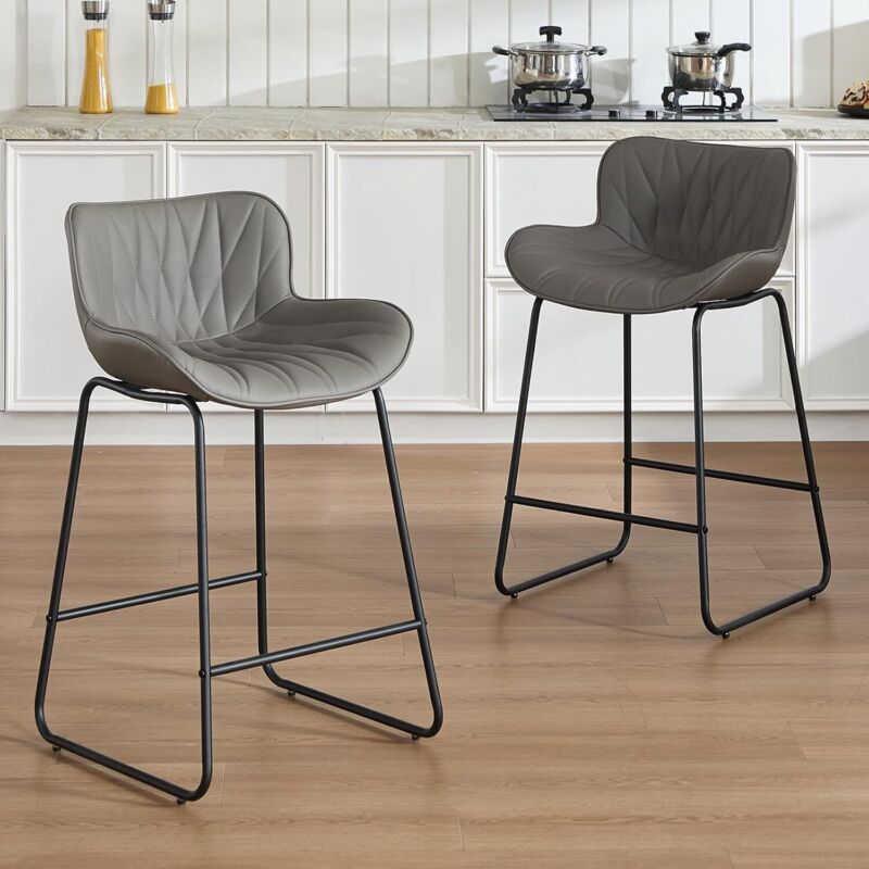 Wahson Lot de 2 Tabourets de en Cuir PU, Chaise de Bar pour Bar et Cuisine, Tabourets de Bar Moderne avec Pieds en Métal, Gris