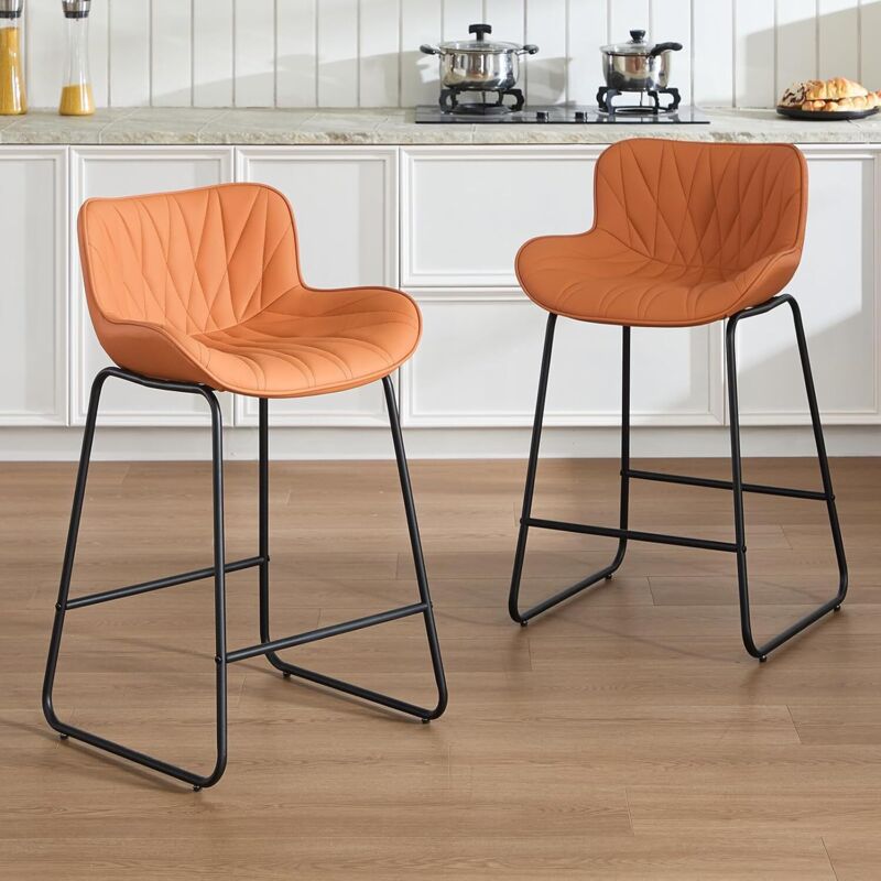 Wahson Lot de 2 Tabourets de en Cuir PU, Chaise de Bar pour Bar et Cuisine, Tabourets de Bar Moderne avec Pieds en Métal, Orange