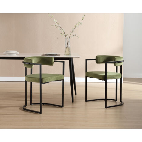 Wahson Office Chairs – Lot de 2 chaises de salle à manger avec accoudoirs – Dossier en velours vert – Pieds en métal noir – Hauteur d'assise 50cm