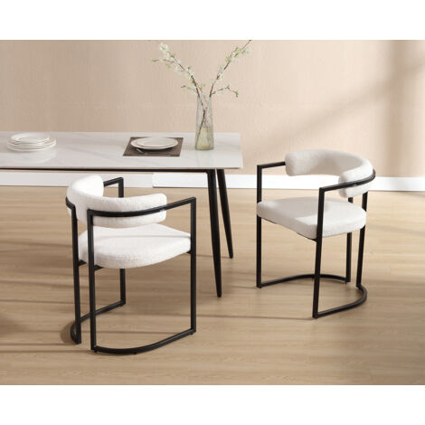 Wahson Office Chairs – Lot de 2 chaises de salle à manger modernes – Accoudoirs et dossier en fausse fourrure – Pieds en métal noir – Hauteur d'assise 50cm – Blanc