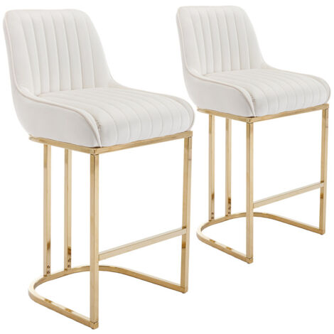 Wahson Office Chairs – Tabouret de bar en velours blanc – Lot de 2 – Coussin épais – Pieds en métal doré – Hauteur d'assise 67cm – Design contemporain