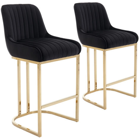 Wahson Office Chairs – Tabouret de bar en velours noir – Lot de 2 – Coussin épais – Pieds en métal doré – Hauteur 95cm – Design contemporain