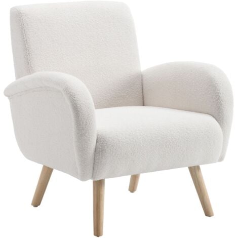 WAHSON Poltrone relax, Poltrona Imbottita in Pelliccia Poltroncina Moderna con Gambe in Legno Sedia da Salotto per Soggiorno/Camera da Letto, Bianca