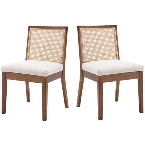 Wahson Rattan Esszimmerstühle 2er Set Vintage Polsterstuhl aus Leinen mit Holzbeine für Esszimmer Wohnzimmer, Walnuss
