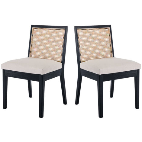 Wahson Set di 2 Sedie da Pranzo in Tessuto di Lino Sedie da Cucina Retrò in Rattan Sedie con Gambe in Legno per Soggiorno, Nero