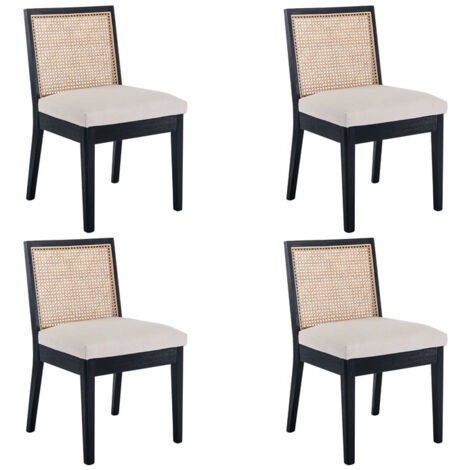 Wahson Set di 4 Sedie da Pranzo in Tessuto di Lino Sedie da Cucina Retrò in Rattan Sedie con Gambe in Legno per Soggiorno, Nero