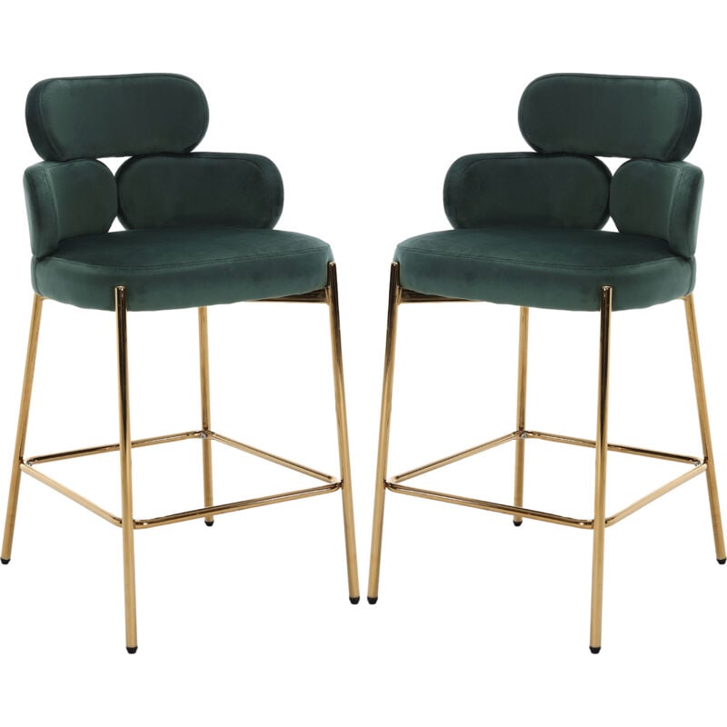 Chaise de Bar en Velours Tabouret de Bar Moderne Pied Doré, Chaise Bar Lot de 2 Repose-Pied Tabouret Cuisine Assise 66cm, Vert