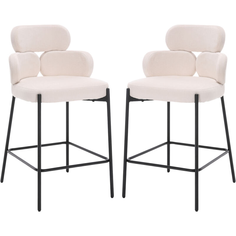 Moderne Tabouret de Bar en Chenille Pied Métal, Chaise Bar Lot de 2 Repose-Pied Tabouret Cuisine Assise 66cm pour Ilot Central, Beige