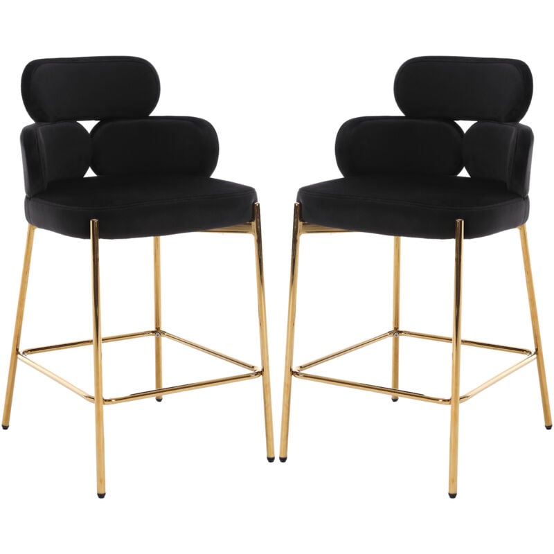 Chaise de Bar en Velours Tabouret de Bar Moderne Pied Doré, Chaise Bar Lot de 2 Repose-Pied Tabouret Cuisine Assise 66cm, Noir