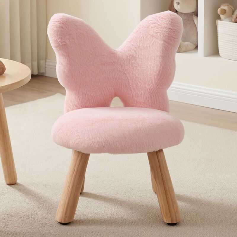 Wahson Tabouret Enfant avec Dossier en Forme de Papillon, Chaise Enfant en Fausse Fourrure, Petit Tabouret Bois pour Chambre, Salon, Rose