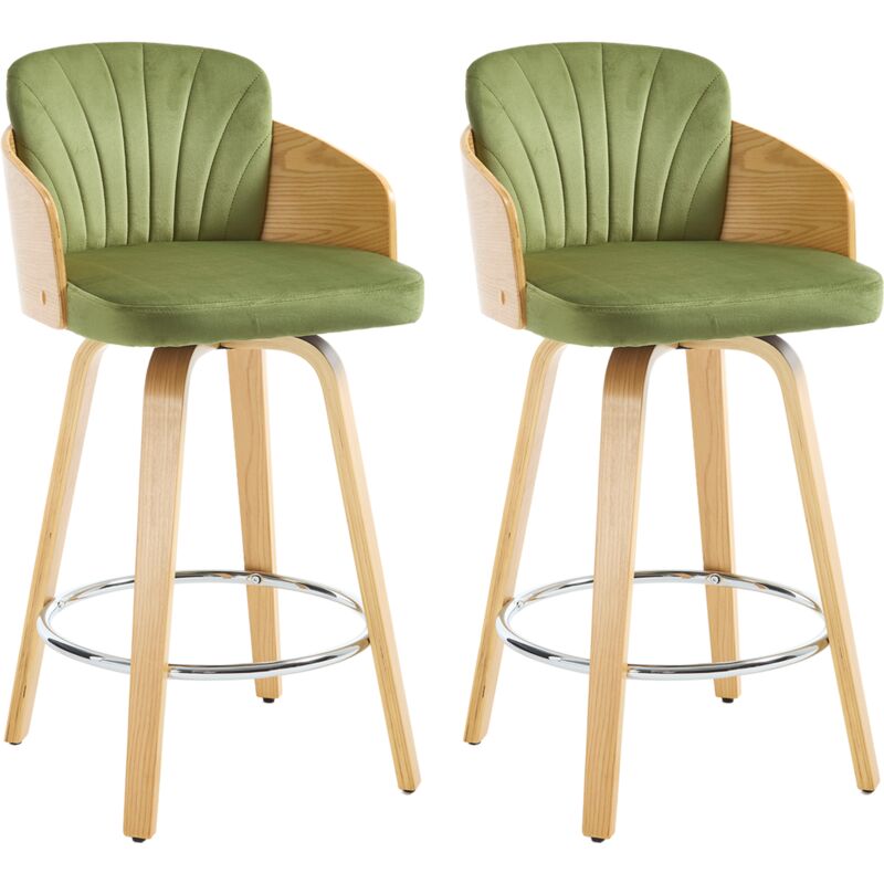 Wahson Tabourets de Bar Lot de 2 Tabourets de Comptoir Velours avec Pieds en Bois pour Central Îlot, Vert