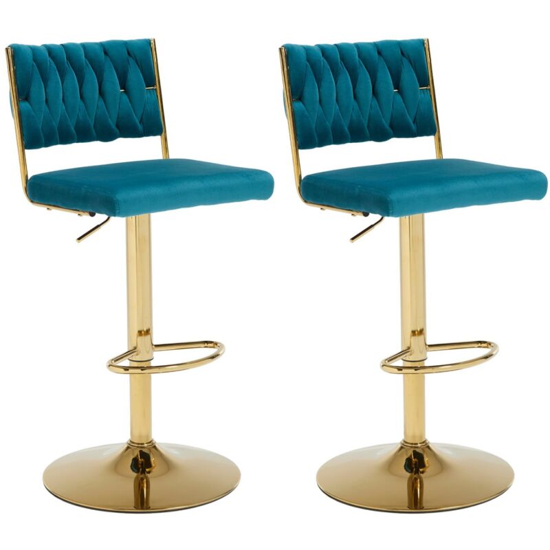 Tabouret de Bar Lot de 2 Tabourets en Velours Rotatif sur 360° Bar Réglable en Hauteur avec Dossier et Repose-Pieds, Teal, Wahson