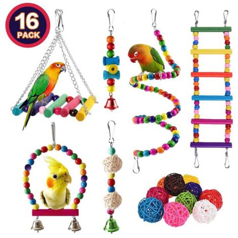 Wakects Vogelspielzeug für Wellensittiche, Kauspielzeug für Papageien, Buntes Holzspielzeug, Vogelkäfig-Zubehör, für Kleine Papageien, Nymphensittiche, Graupapageien, Turteltauben, (16)