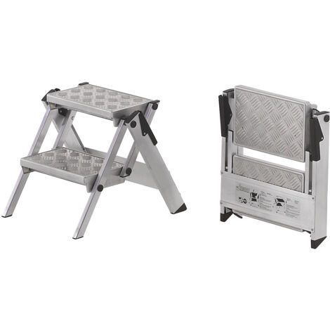 WAKÜ, Escabeau pliant en alu, marche en aluminium strié, sans