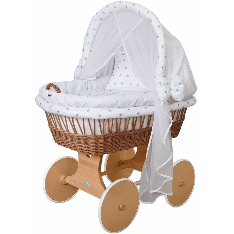Landau / berceau / couffin pour bébé, complet, 37 modèles disponibles:Cadre/roues naturel, blanc/gris étoile - Waldin