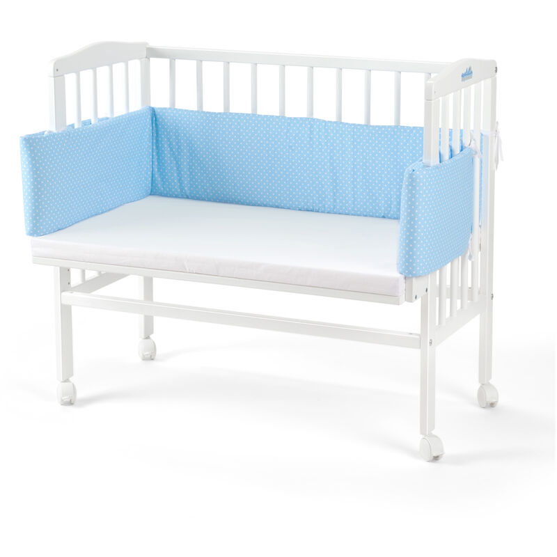 Waldin - Lit cododo pour bébé, hauteur réglable, bois de hêtre massif:Points bleus, Peint en blanc